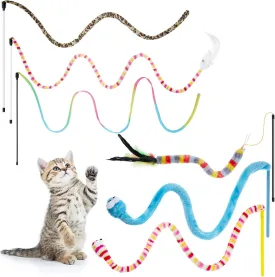 6 Pieces Cat Toys Interactive Cat Wand Toys with Feather and Bell Safe Teaser Catcher Stick Toy Colorful and Sounding Christmas Wand for Cats Kittens Training Pets Exerciser