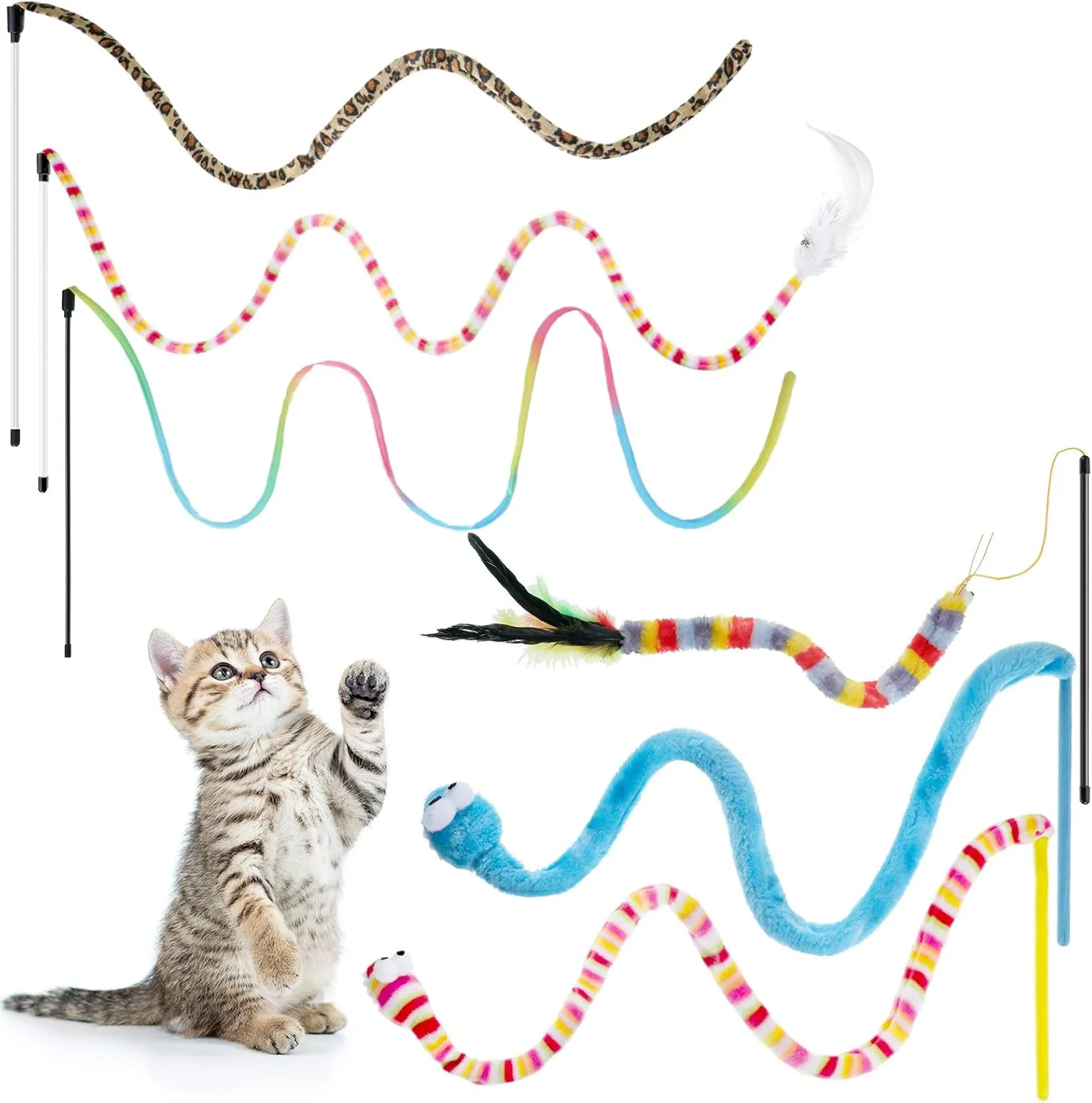 6 Pieces Cat Toys Interactive Cat Wand Toys with Feather and Bell Safe Teaser Catcher Stick Toy Colorful and Sounding Christmas Wand for Cats Kittens Training Pets Exerciser