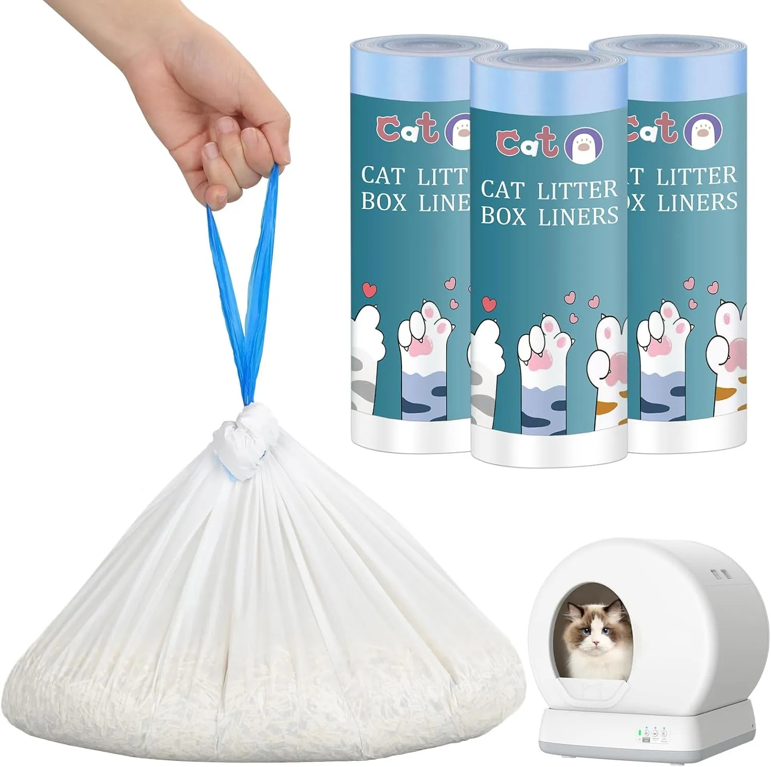 60 Count Self-Cleaning Cat Litter Box Liners for MW-SC01/MW-SC02/MW-LR01, Drawstring Heavy Duty Waste Bags, Leak-Proof Disposable Trash Bags - 18" x 12.6"