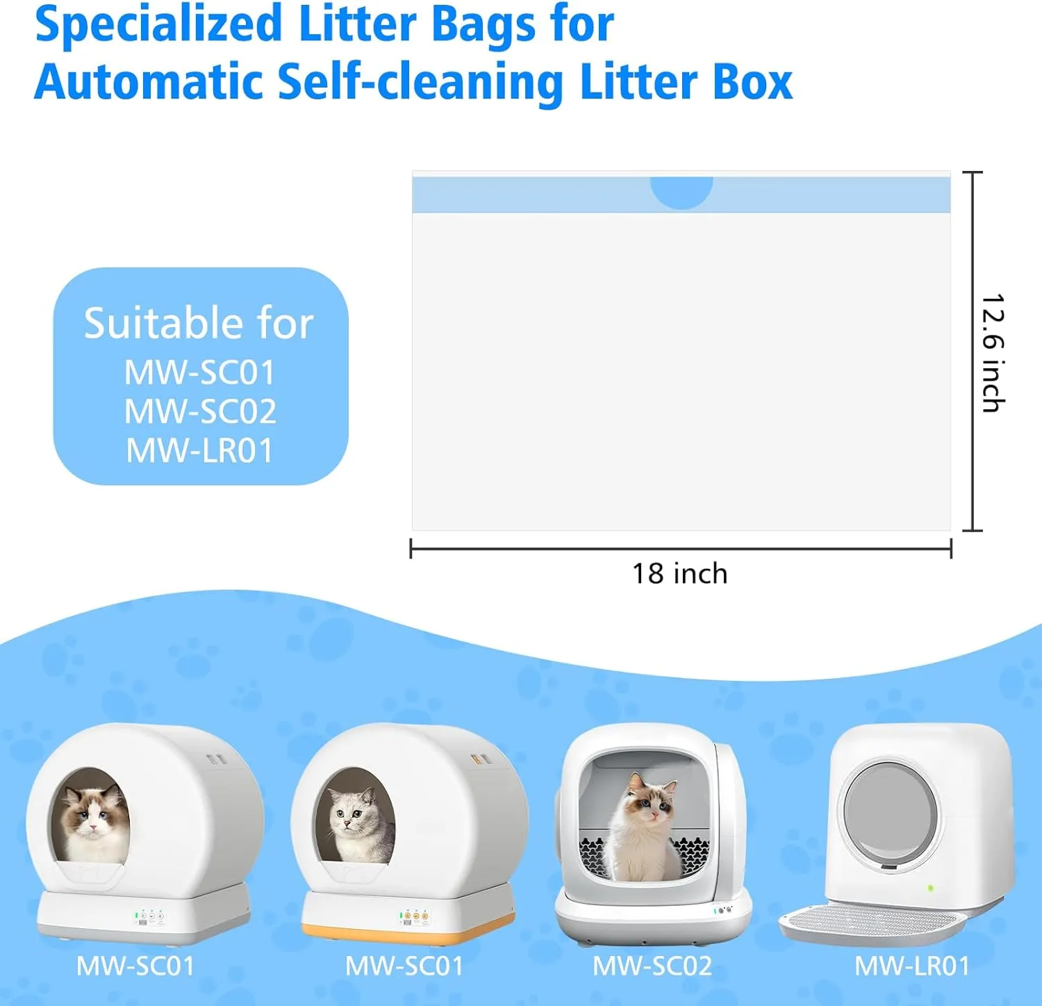 60 Count Self-Cleaning Cat Litter Box Liners for MW-SC01/MW-SC02/MW-LR01, Drawstring Heavy Duty Waste Bags, Leak-Proof Disposable Trash Bags - 18" x 12.6"