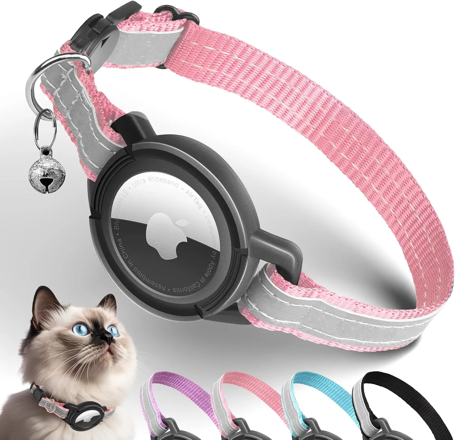 Airtag Cat Collar Breakaway, Odokele Reflective Cats Collars with Apple Air Tag Holder for Kitten, Cat GPS Tracker Adjustable Collars with Safety Quick Release Buckle for Kitties and Puppies - Pink