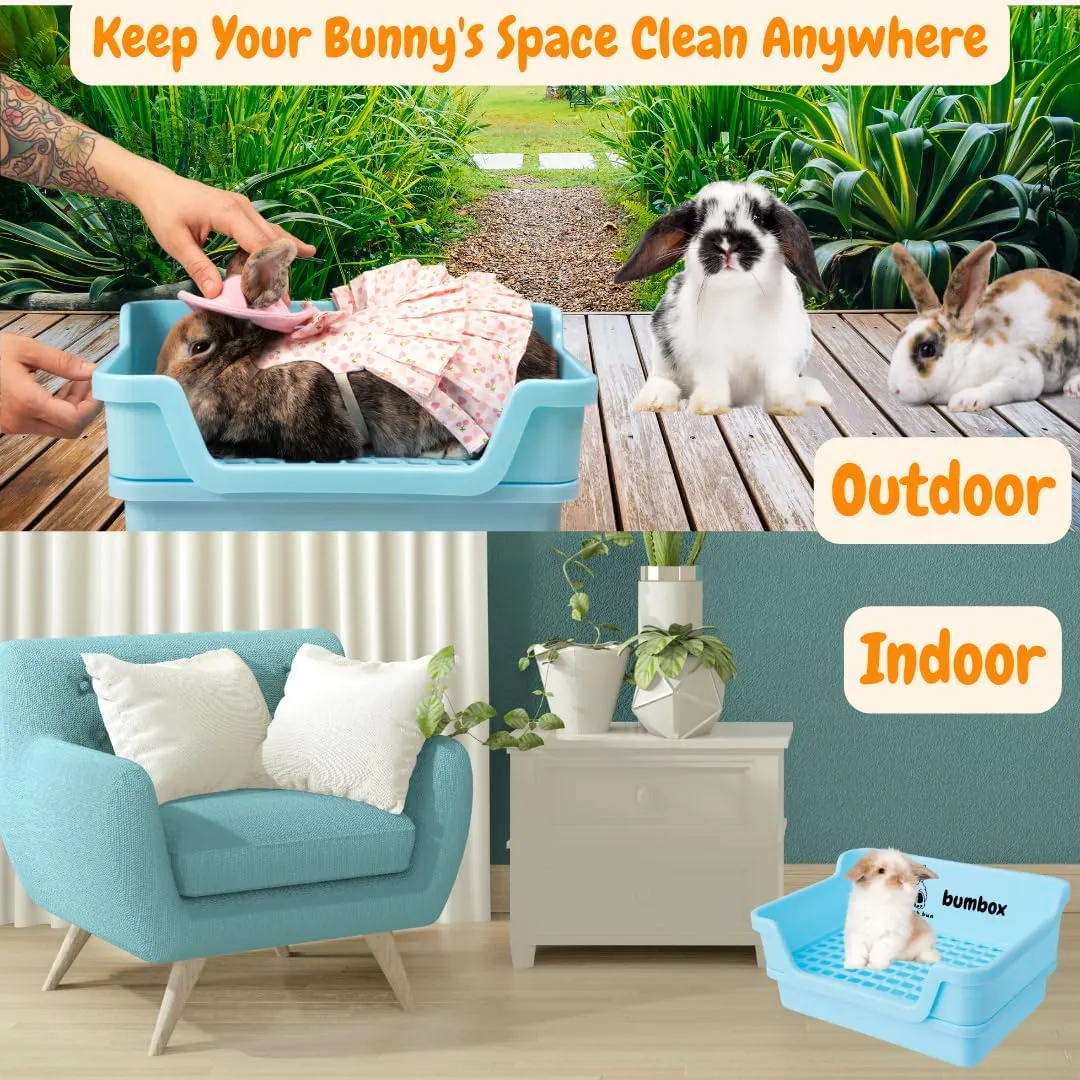 Bumbox Rabbit Large Litter Box w/Plastic Grid Safe for Bunny feet - Training Rabbit Cage Indoor or Outdoor for Small and Large Animal, 15.75in - Blue