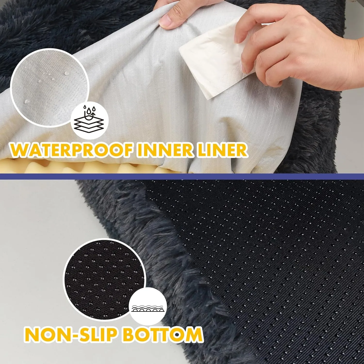 Calming Dog Bed Cover - Washable Large Dog Bed Covers Fluffy Plush Replacement, Waterproof Dog Bed Liner, Pet Bed Cover with Zipper 41x27x3.5 Inches, Black, Cover Only