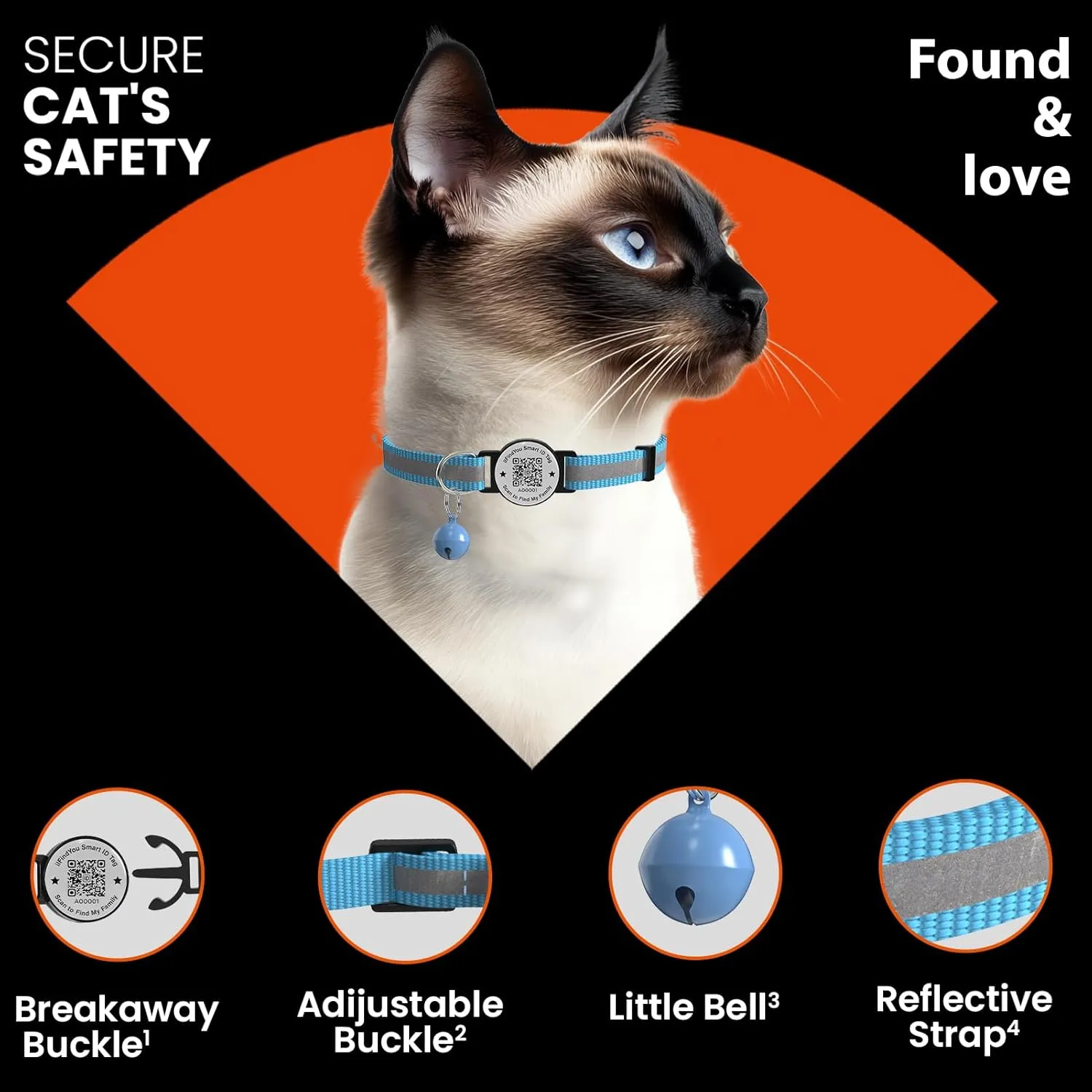 Cat Collar with Bells, Reflective Cat Collars Breakaway with Qr Code, Adjustable Kitten Collar with Name Tag Blue