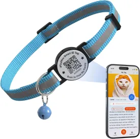 Cat Collar with Bells, Reflective Cat Collars Breakaway with Qr Code, Adjustable Kitten Collar with Name Tag Blue