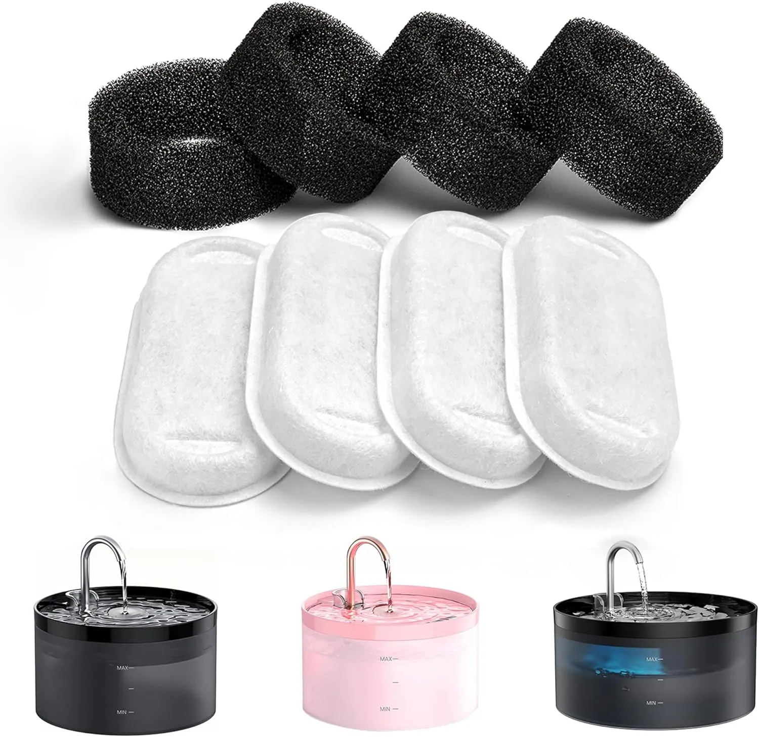 Cat Water Fountain Filters: 8 Pet Fountain Filter Replacement - 4 Pieces Filters   4 Pieces Sponges for Cat Fountains - Cat Water Filter - Cat Filters for Pet Water Fountain H1 (67oz/2L)