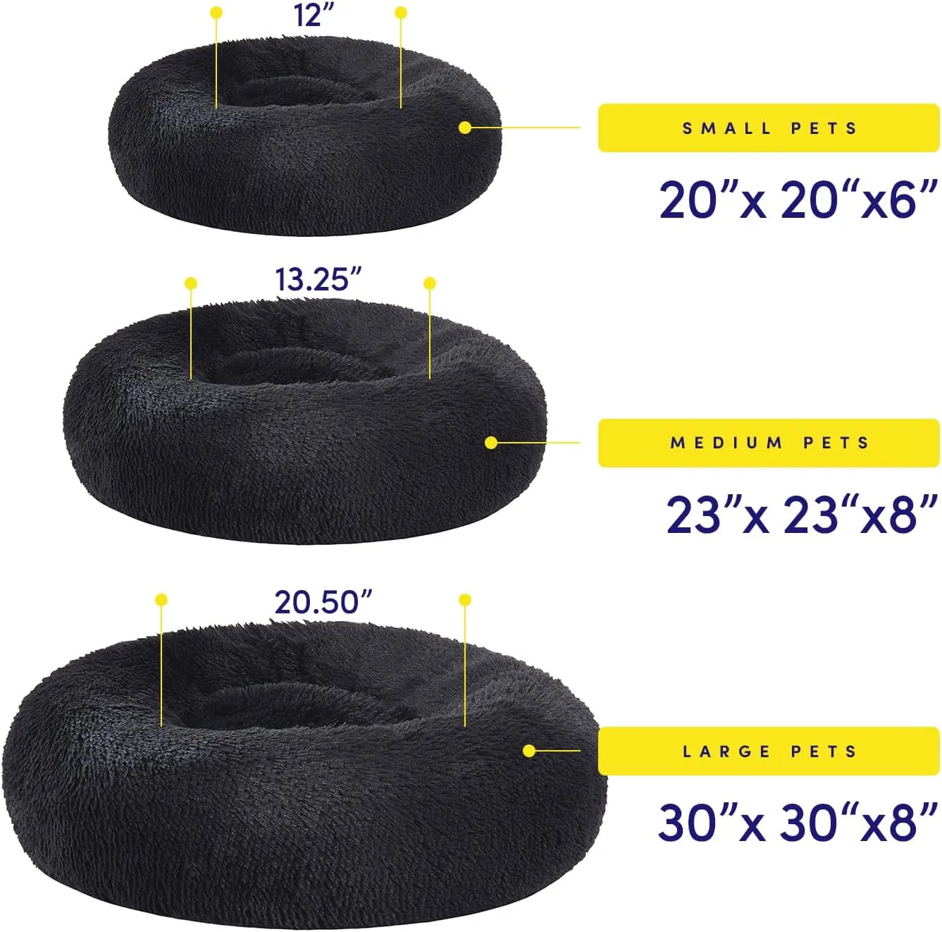 Dog & Cat Bed: Round Faux Fur Pet Bed - Plush, Cozy, & Calming Donut Bed for Large Pets - Soft & Comfortable Sleeping Cushion for Napping & Lounging, 30" Round, Black