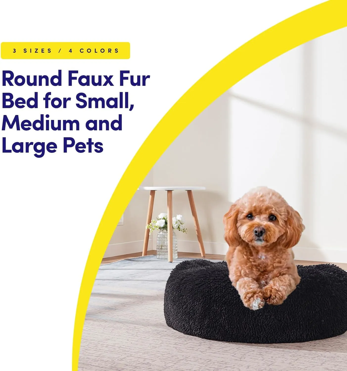 Dog & Cat Bed: Round Faux Fur Pet Bed - Plush, Cozy, & Calming Donut Bed for Large Pets - Soft & Comfortable Sleeping Cushion for Napping & Lounging, 30" Round, Black
