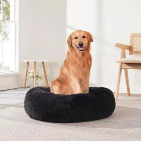 Dog & Cat Bed: Round Faux Fur Pet Bed - Plush, Cozy, & Calming Donut Bed for Large Pets - Soft & Comfortable Sleeping Cushion for Napping & Lounging, 30" Round, Black