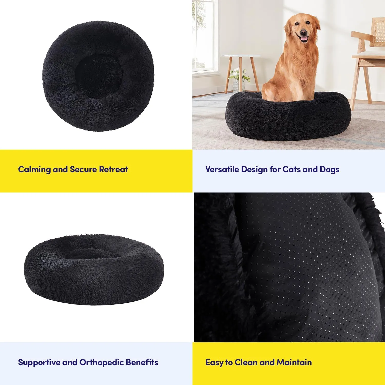 Dog & Cat Bed: Round Faux Fur Pet Bed - Plush, Cozy, & Calming Donut Bed for Large Pets - Soft & Comfortable Sleeping Cushion for Napping & Lounging, 30" Round, Black