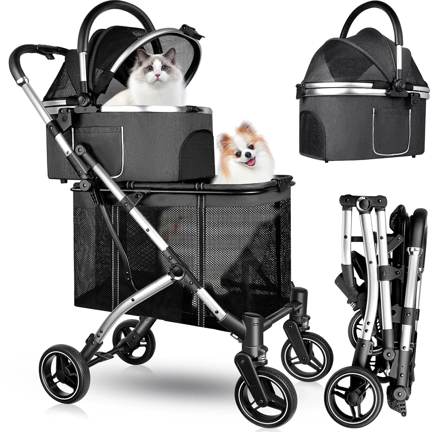 Double Pet Stroller for 2 Dogs or Cats, One-Hand Folding Double Cat Stroller with Detachable Carrier, Safety Belt, Lockable Wheels, Double Dog Stroller for Small/Medium Dog/Cat up to 52LBS Gray