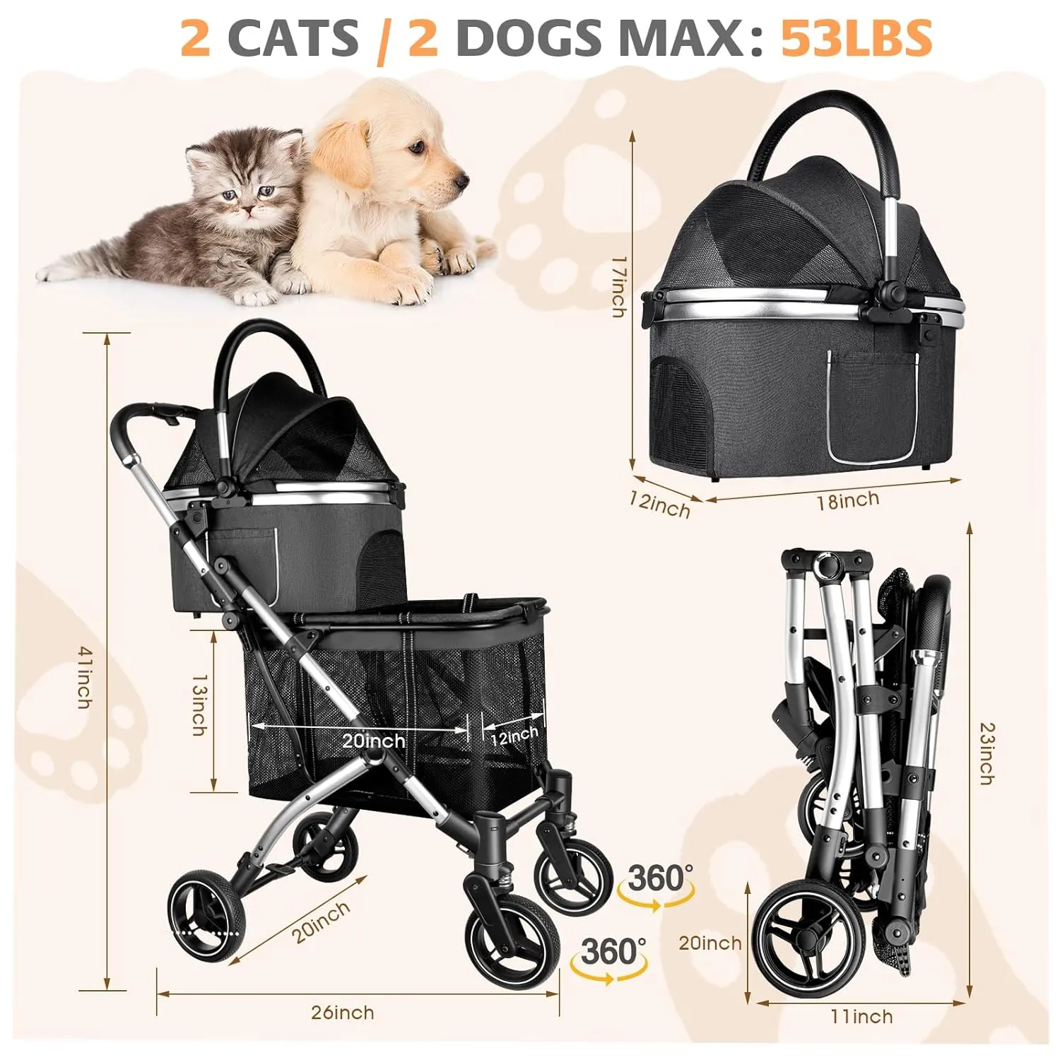 Double Pet Stroller for 2 Dogs or Cats, One-Hand Folding Double Cat Stroller with Detachable Carrier, Safety Belt, Lockable Wheels, Double Dog Stroller for Small/Medium Dog/Cat up to 52LBS Gray