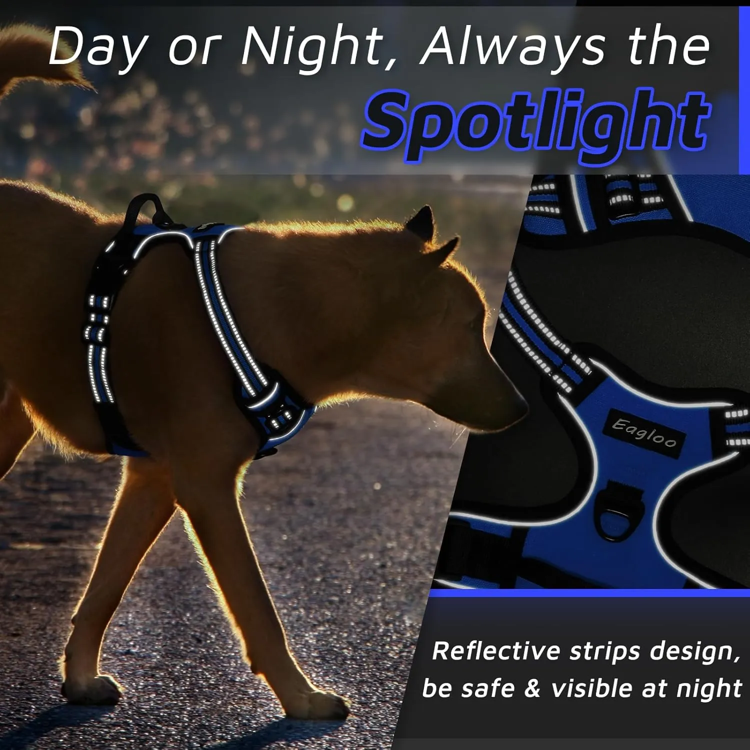 Eagloo Dog Harness for Large Dogs, No Pull Service Vest with Reflective Strips and Control Handle, Adjustable and Comfortable for Easy Walking, No Choke Pet Harness with 2 Metal Rings, Blue, L
