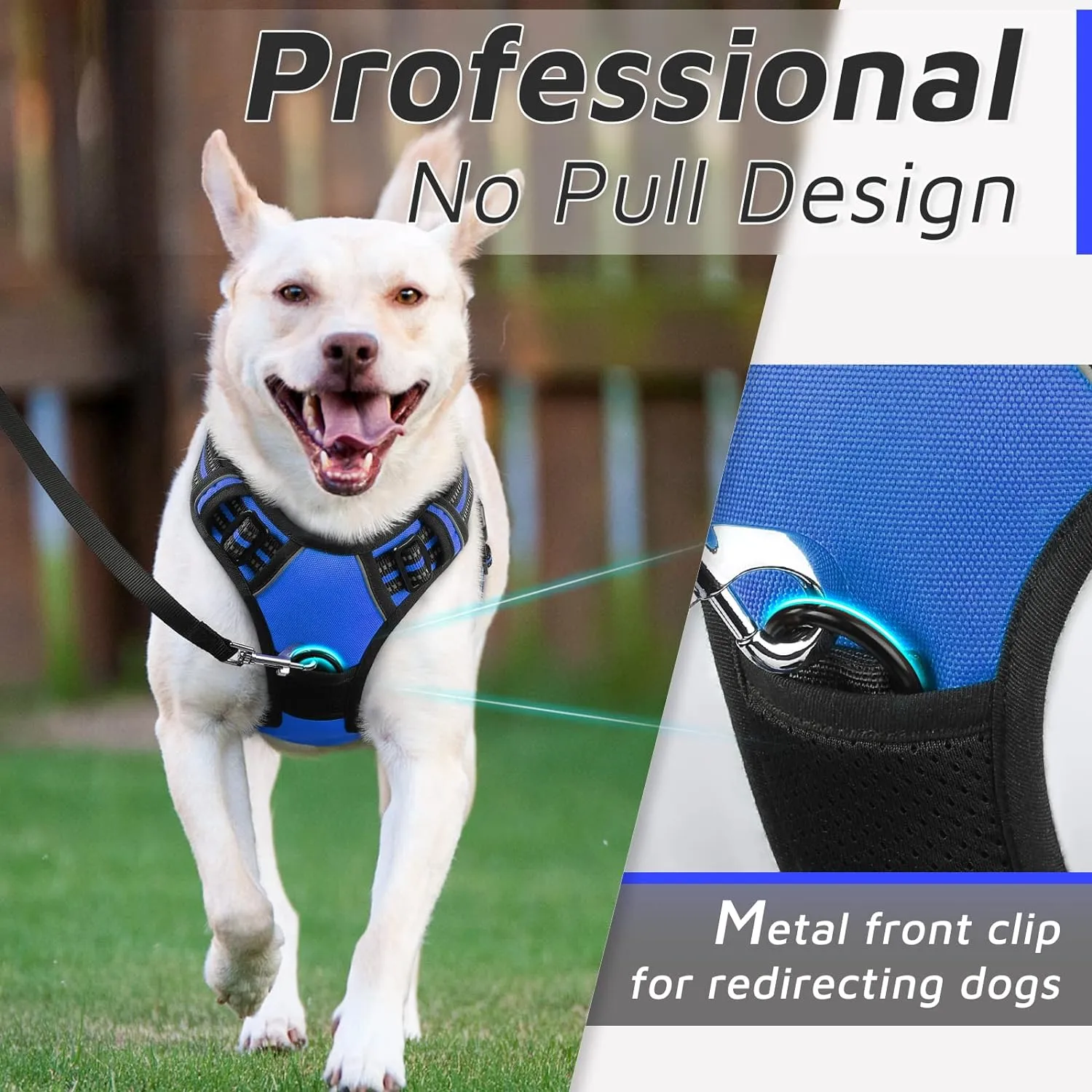 Eagloo Dog Harness for Large Dogs, No Pull Service Vest with Reflective Strips and Control Handle, Adjustable and Comfortable for Easy Walking, No Choke Pet Harness with 2 Metal Rings, Blue, L