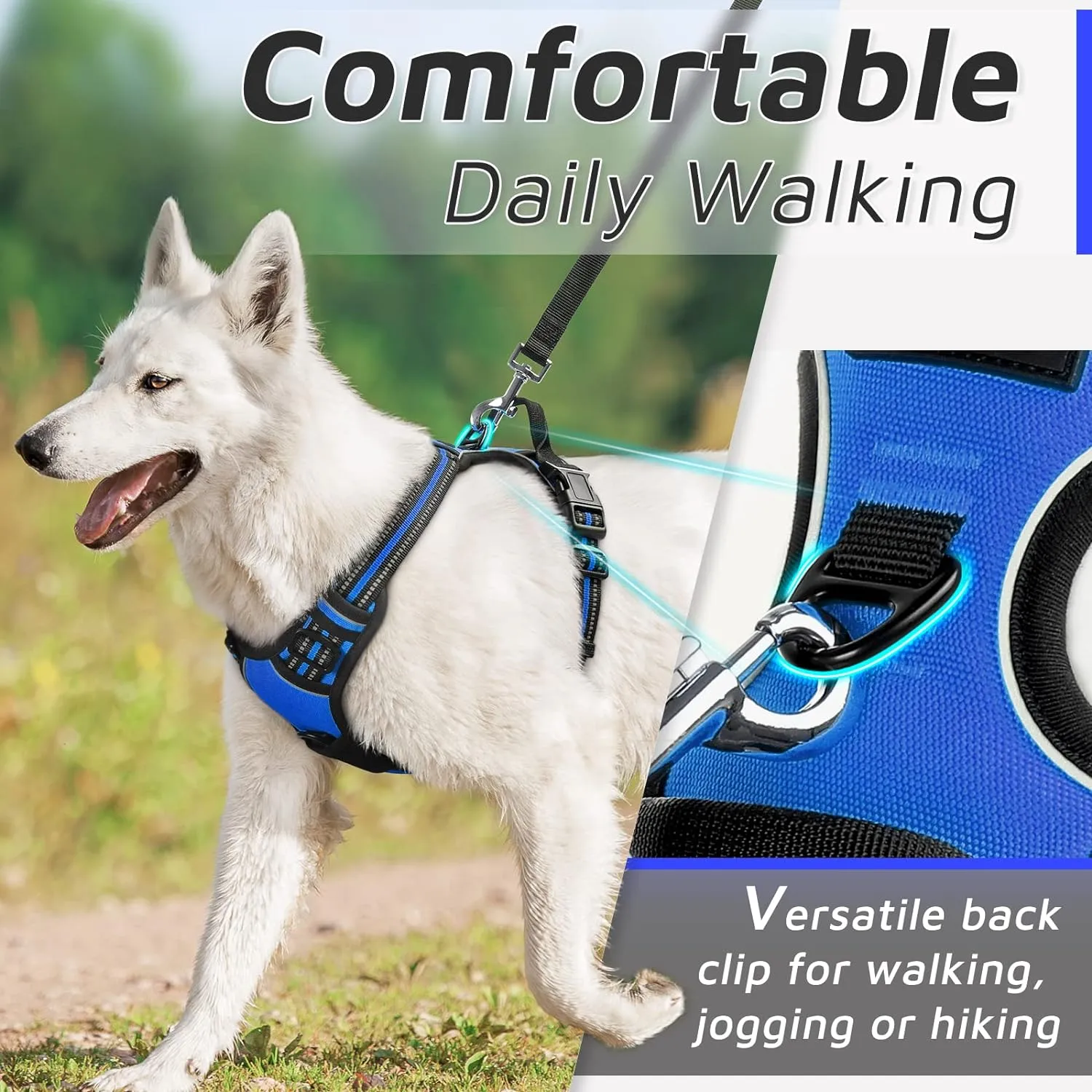 Eagloo Dog Harness for Large Dogs, No Pull Service Vest with Reflective Strips and Control Handle, Adjustable and Comfortable for Easy Walking, No Choke Pet Harness with 2 Metal Rings, Blue, L