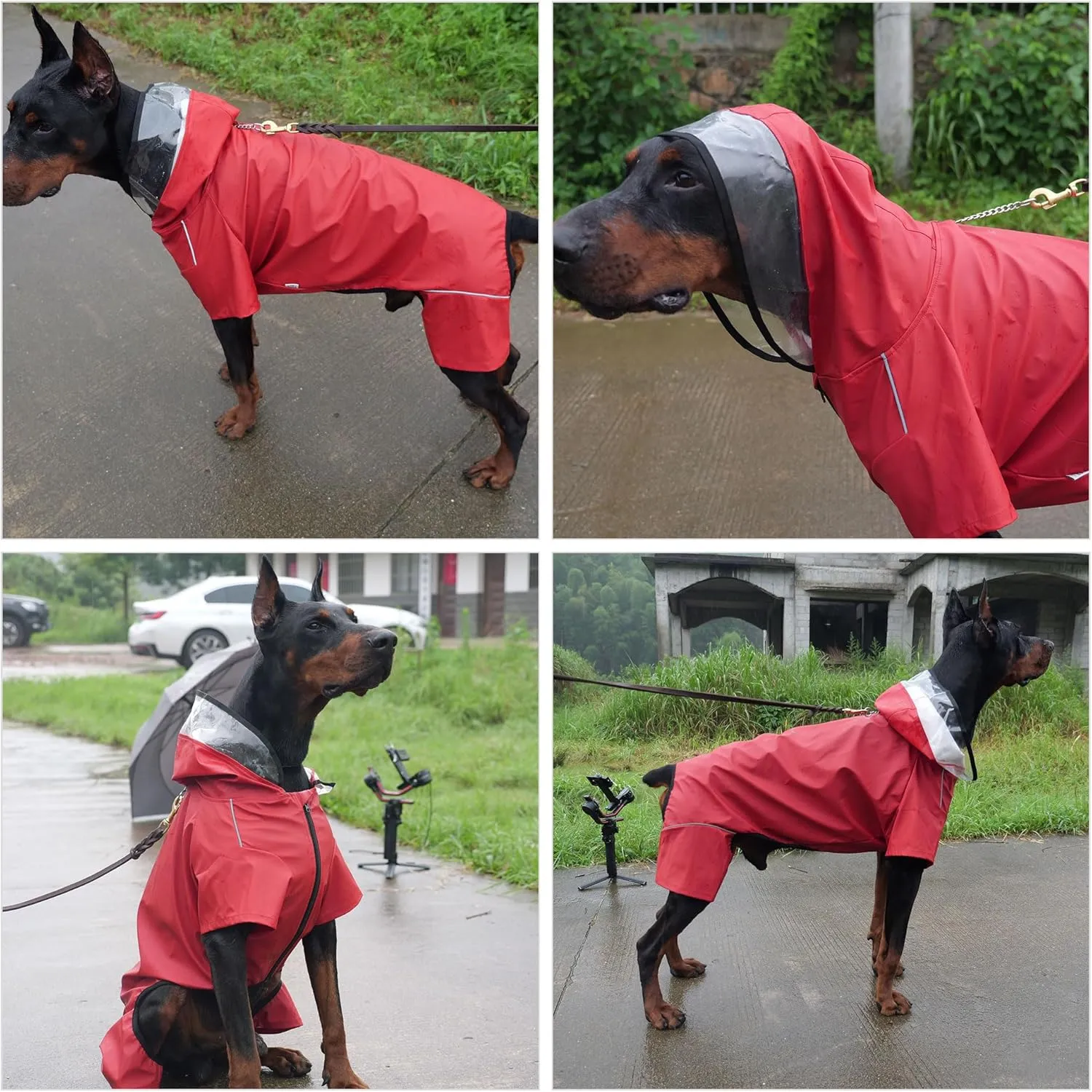 Four-Legged Full Coverage Waterproof Dog Raincoat with Reflective Features Pet Raincoats for Large Medium Small Dogs Red M