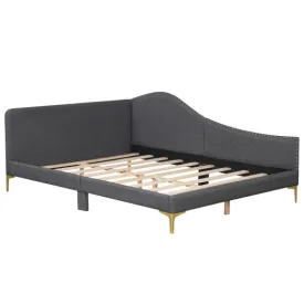 Full/Twin Size Rivet-Tufted Platform Bed with Metal Legs and Wood Slats-Full Size