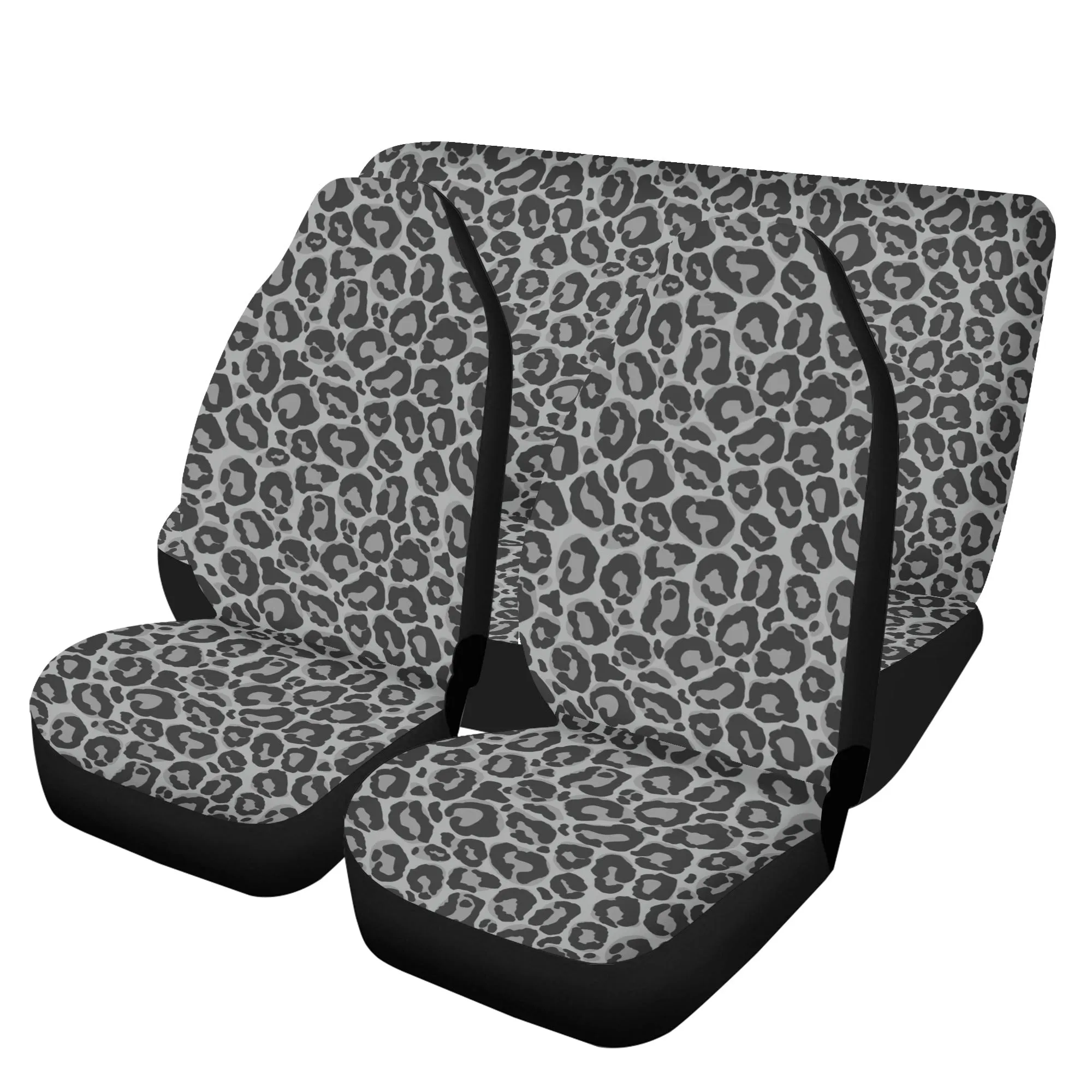 Grey Leopard Front and Back Car Seat Covers Full Set (4 pcs), Animal Print Auto Dog Pet Vehicle SUV Universal Protector Accessory Men Women