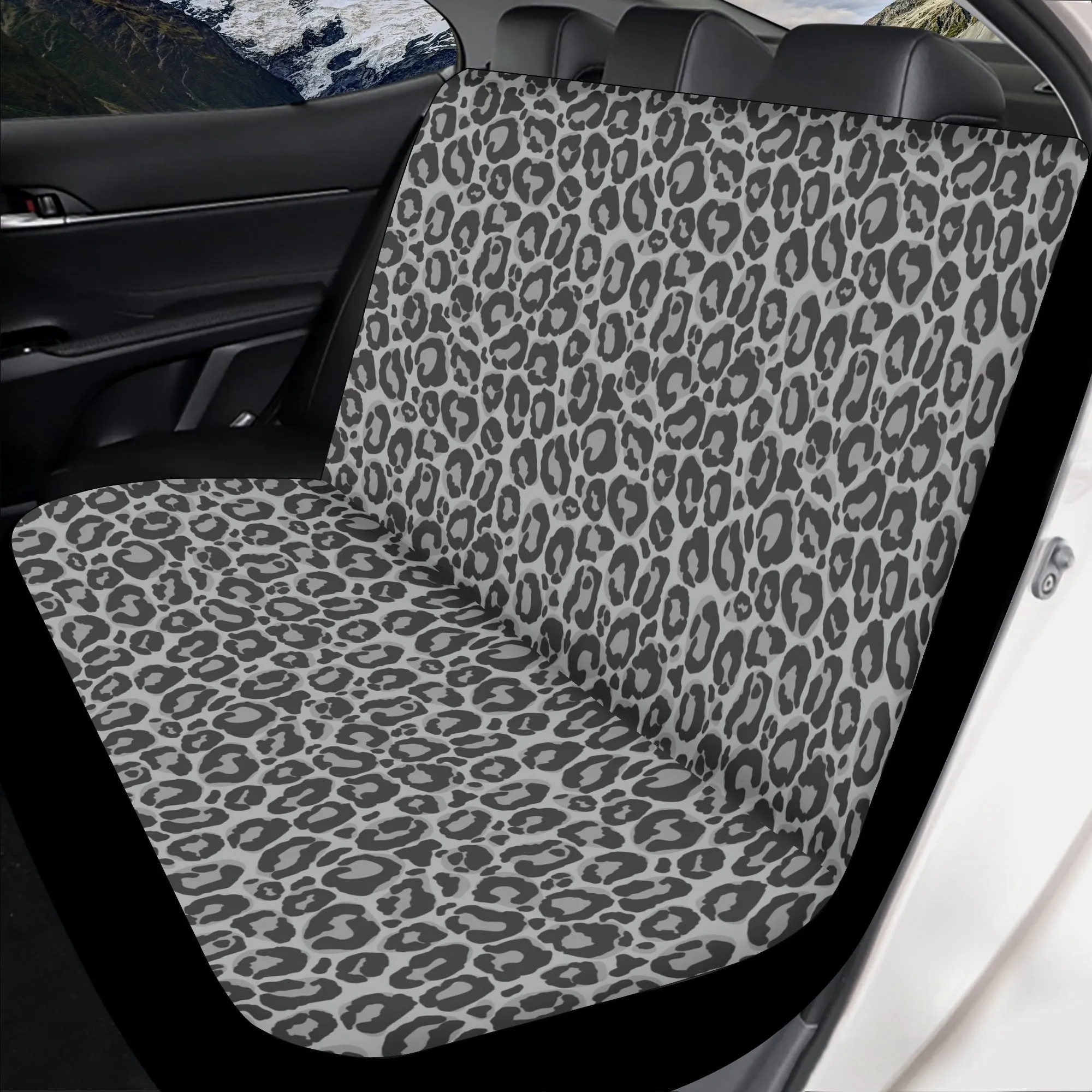 Grey Leopard Front and Back Car Seat Covers Full Set (4 pcs), Animal Print Auto Dog Pet Vehicle SUV Universal Protector Accessory Men Women