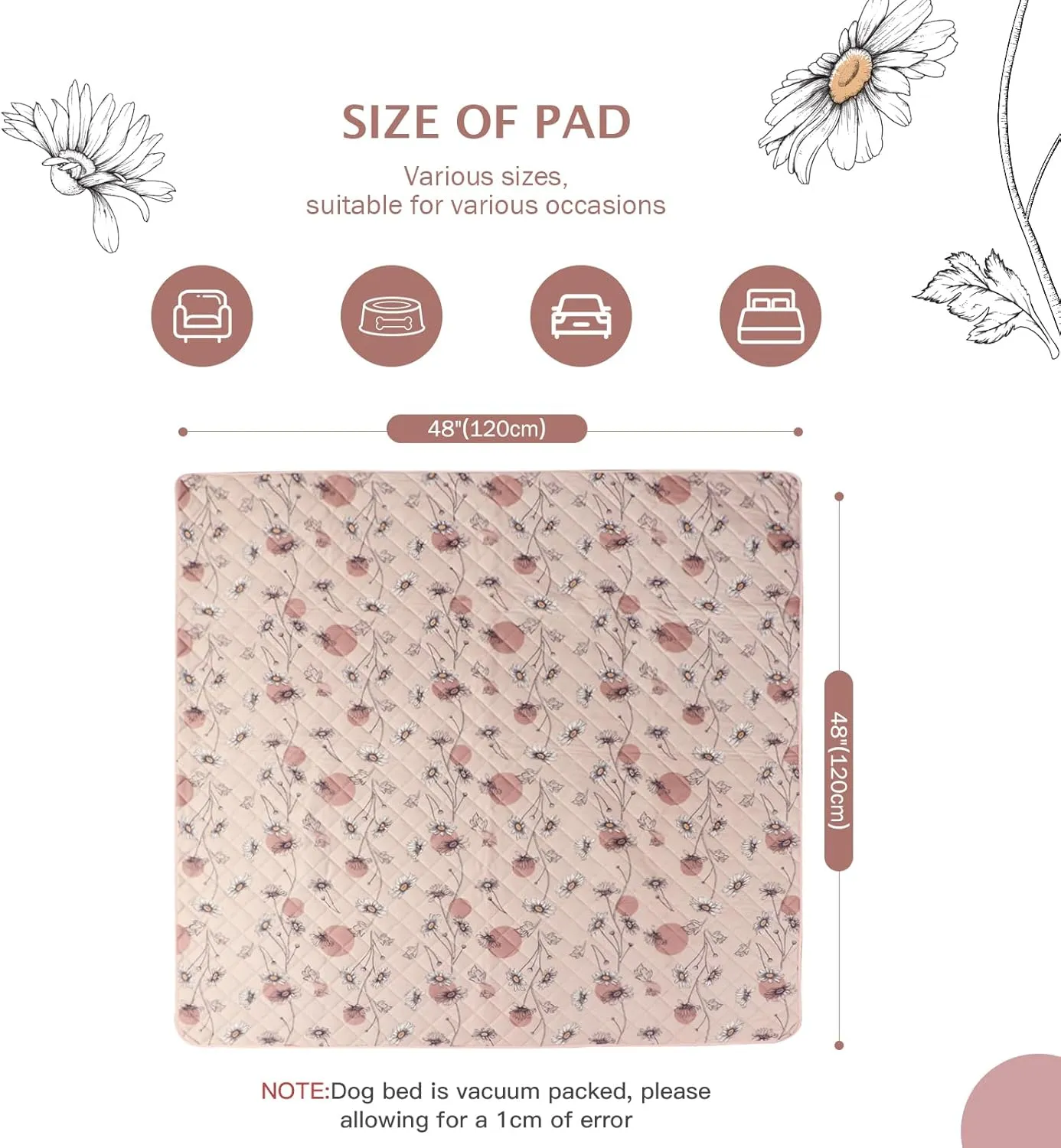 IEUUMLER Washable Pee Pads for Dogs, 1 Pack Non-Slip & Waterproof Pack Whelping Pad, Reusable Washable Puppy Potty Training Pad with Fast Absorbent for Playpen EU007 (Pink Daisy, 48"X48"-1pcs)