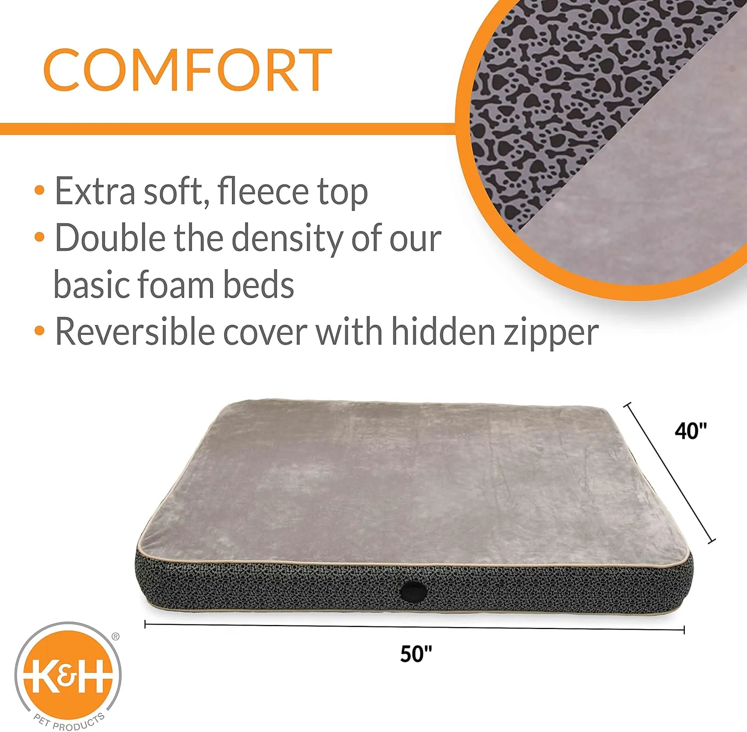 K&H Pet Products Superior Orthopedic Pet Bed Paw/Bone Print Gray Paw Bone Print Large 40 X 50 Inches