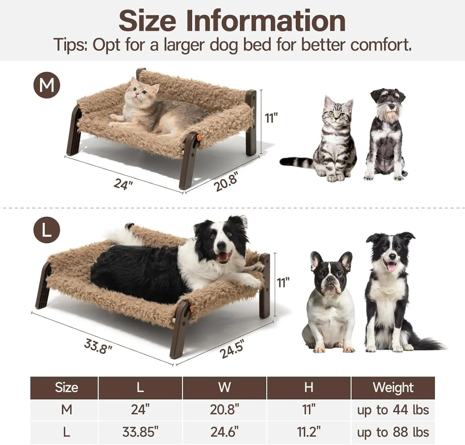 MEWOOFUN Elevated Dog Bed, Raised Dog Sofa with Non-Slip Bottom, Washable Pet Couch Bed Indoor & Outdoor Up to 66lbs (Plush Brown)