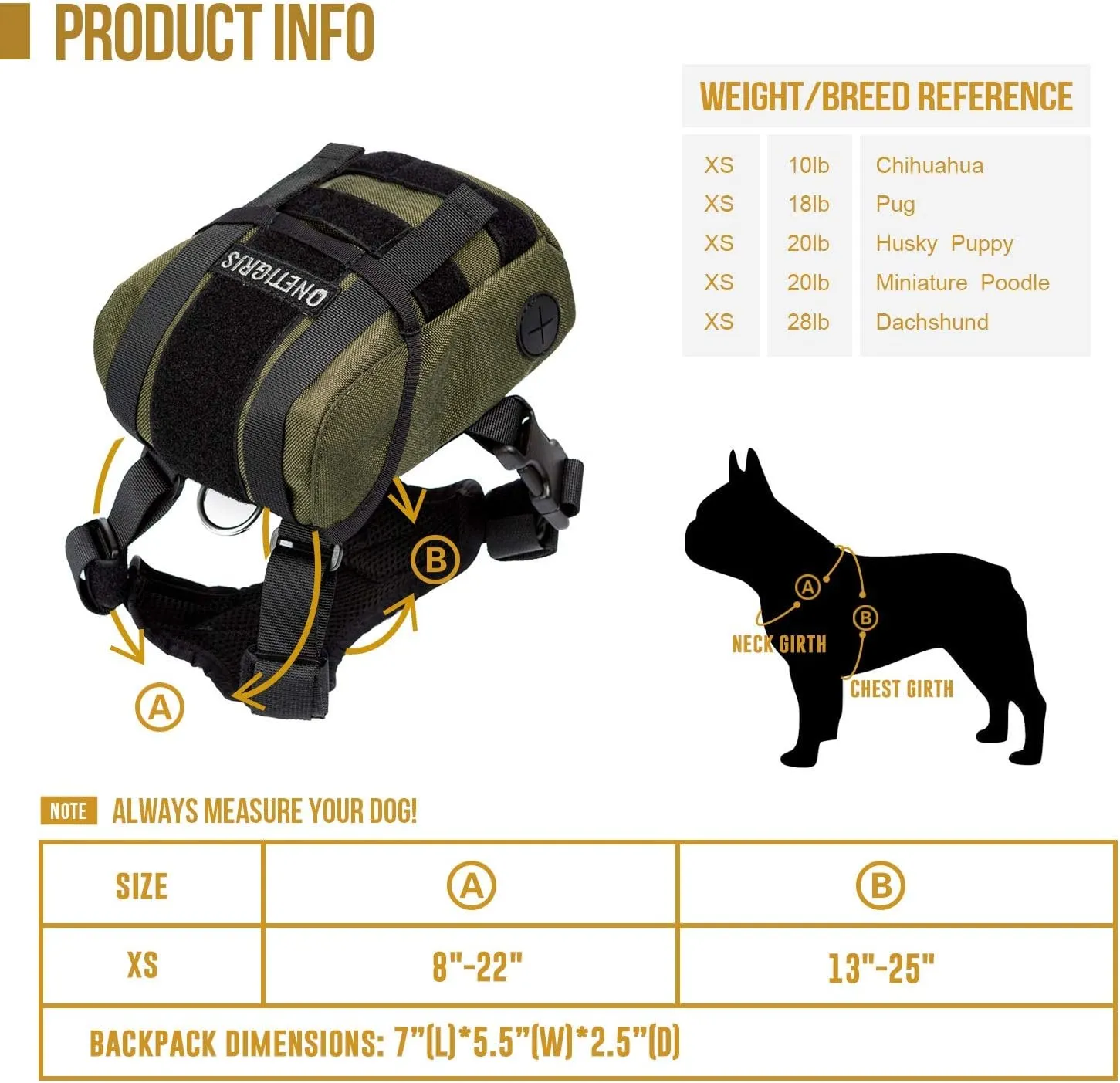 OneTigris Dog Pack, Backpack Durable Small Medium Dog Pack with Litter Bag Exit for Camping Hiking Daily Walking (Ranger Green, X-Small)