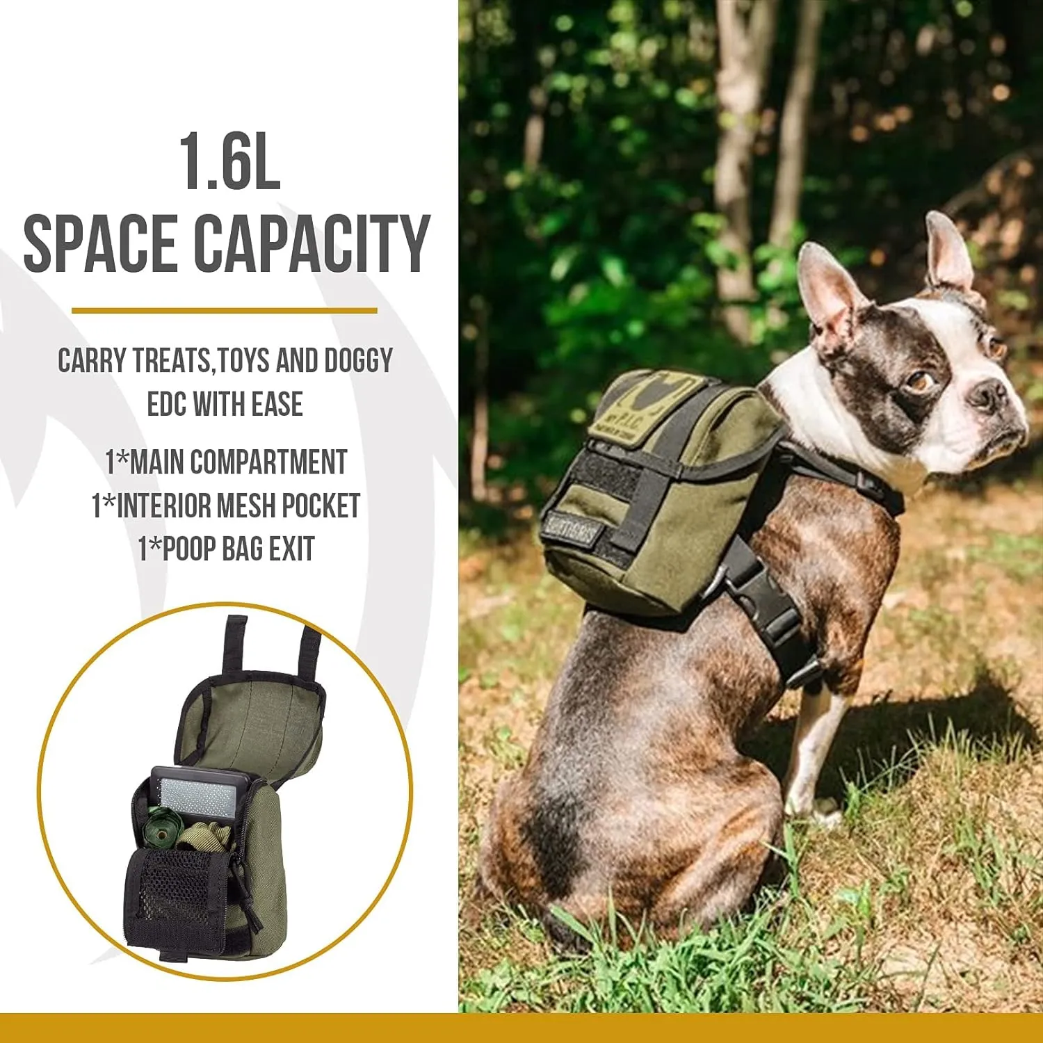 OneTigris Dog Pack, Backpack Durable Small Medium Dog Pack with Litter Bag Exit for Camping Hiking Daily Walking (Ranger Green, X-Small)