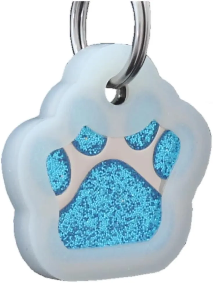 Pet ID Tags, Personalized Dog Tags and Cat Tags, Custom Engraved, Easy to Read, Cute Glitter Paw Pet Tag (Glitter Turquoise Silencer)