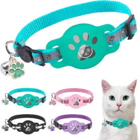 SCENEREAL Airtag Cat Collar Breakaway, Reflective Kitten Collar with Bell and Apple Air Tag Holder, GPS Cute Cat Collar, Glow in The Dark Pet Collars for Boy Girl Cats, Kittens, Puppies, Green