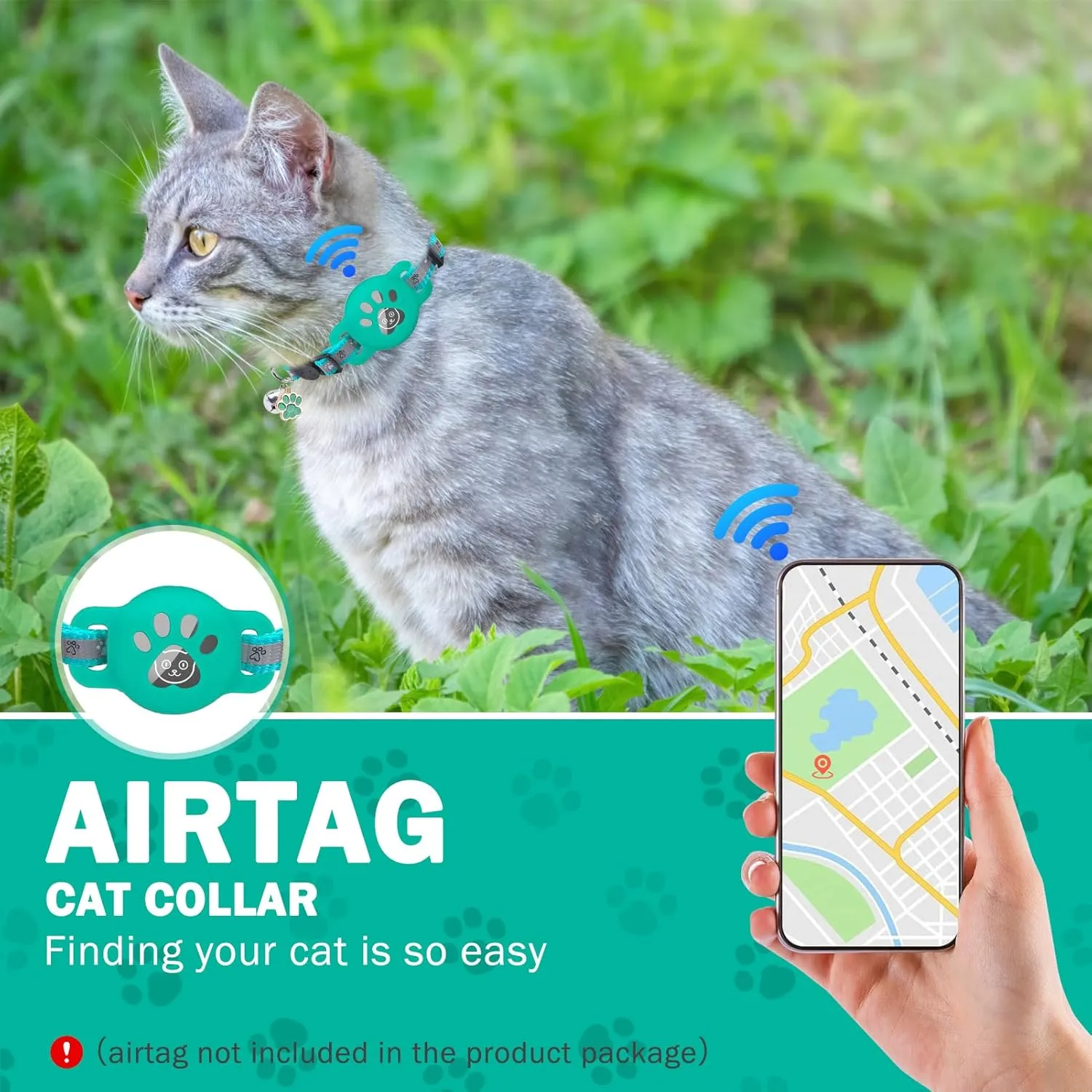 SCENEREAL Airtag Cat Collar Breakaway, Reflective Kitten Collar with Bell and Apple Air Tag Holder, GPS Cute Cat Collar, Glow in The Dark Pet Collars for Boy Girl Cats, Kittens, Puppies, Green