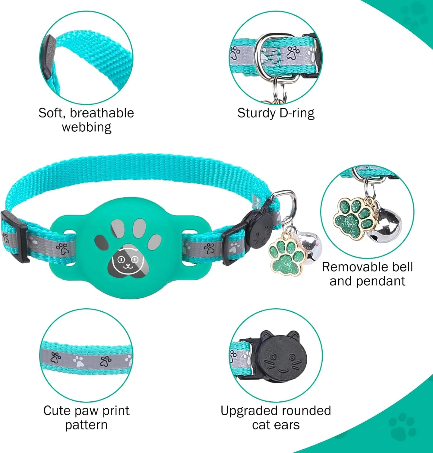 SCENEREAL Airtag Cat Collar Breakaway, Reflective Kitten Collar with Bell and Apple Air Tag Holder, GPS Cute Cat Collar, Glow in The Dark Pet Collars for Boy Girl Cats, Kittens, Puppies, Green