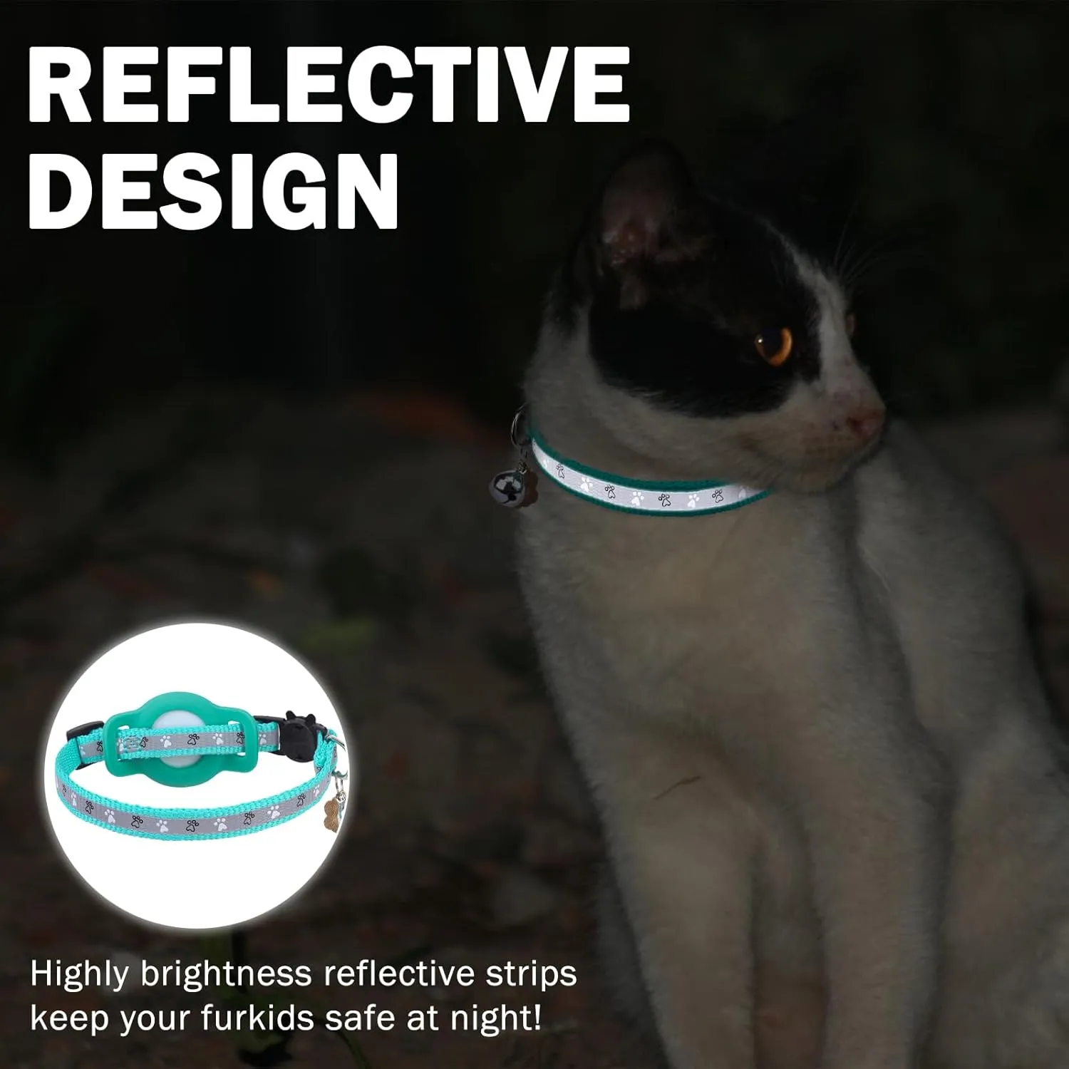 SCENEREAL Airtag Cat Collar Breakaway, Reflective Kitten Collar with Bell and Apple Air Tag Holder, GPS Cute Cat Collar, Glow in The Dark Pet Collars for Boy Girl Cats, Kittens, Puppies, Green
