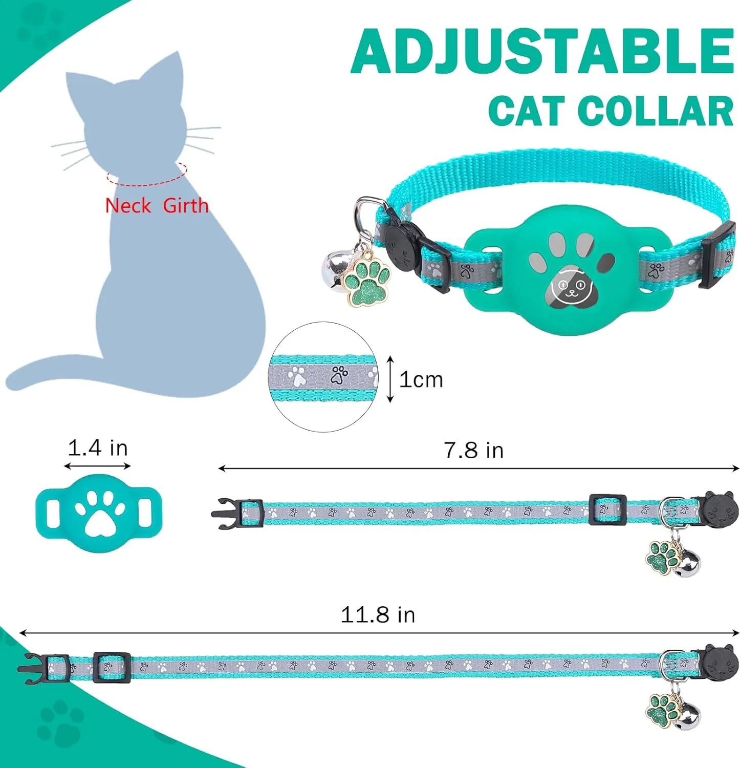 SCENEREAL Airtag Cat Collar Breakaway, Reflective Kitten Collar with Bell and Apple Air Tag Holder, GPS Cute Cat Collar, Glow in The Dark Pet Collars for Boy Girl Cats, Kittens, Puppies, Green
