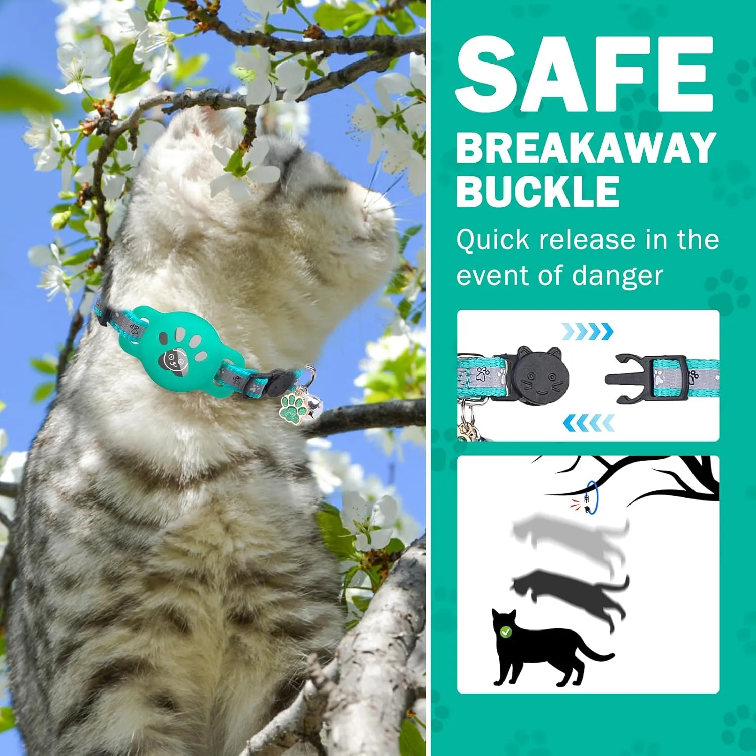 SCENEREAL Airtag Cat Collar Breakaway, Reflective Kitten Collar with Bell and Apple Air Tag Holder, GPS Cute Cat Collar, Glow in The Dark Pet Collars for Boy Girl Cats, Kittens, Puppies, Green