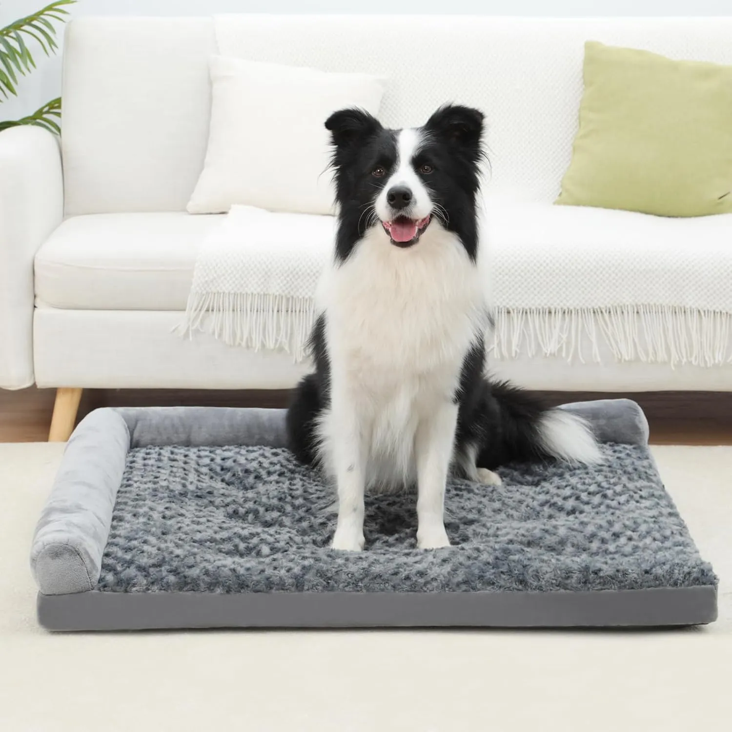 Washable XXL Dog Bed Mat,Soft Dog Bed with L-Shaped Bolster, Cozy Plush Pet Bed Pad with Non-Skid Bottom