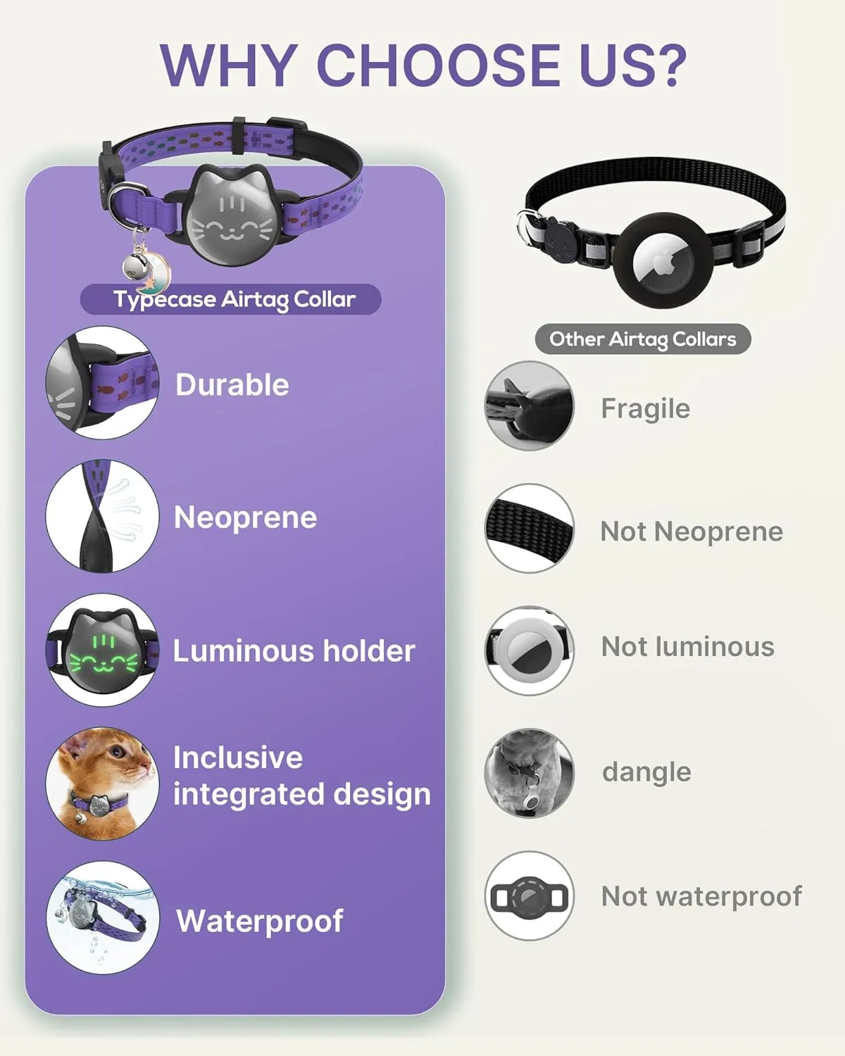 Waterproof Airtag Cat Collar, Breakaway Cat Airtag Collar with Luminous & Reflective Pattern Strap, Lightweight Kitten Collar for Apple Air tag, Hidden Holder for GPS Tracker - Cats, Kittens (9-13")