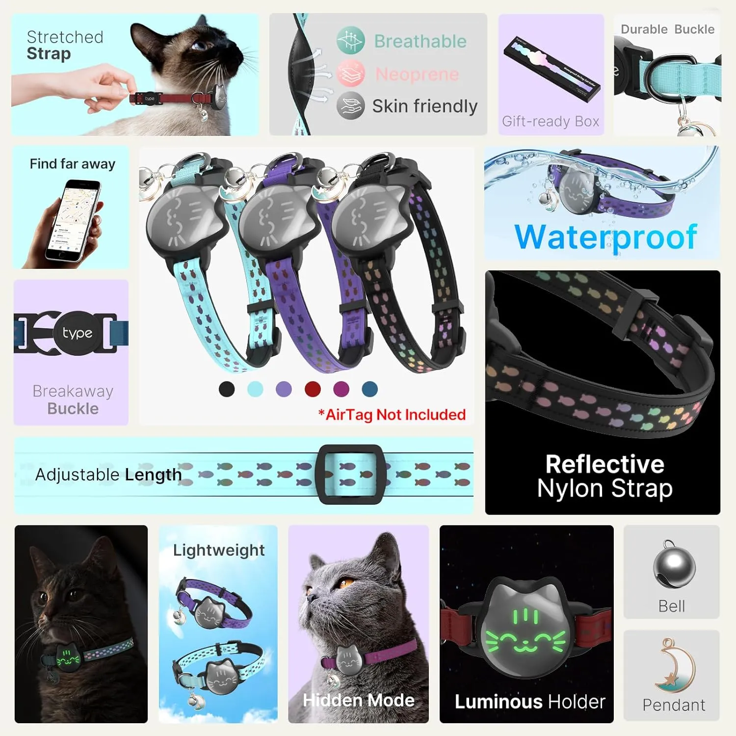 Waterproof Airtag Cat Collar, Breakaway Cat Airtag Collar with Luminous & Reflective Pattern Strap, Lightweight Kitten Collar for Apple Air tag, Hidden Holder for GPS Tracker - Cats, Kittens (9-13")