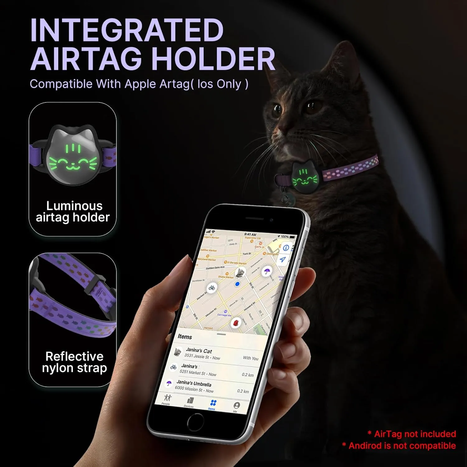 Waterproof Airtag Cat Collar, Breakaway Cat Airtag Collar with Luminous & Reflective Pattern Strap, Lightweight Kitten Collar for Apple Air tag, Hidden Holder for GPS Tracker - Cats, Kittens (9-13")