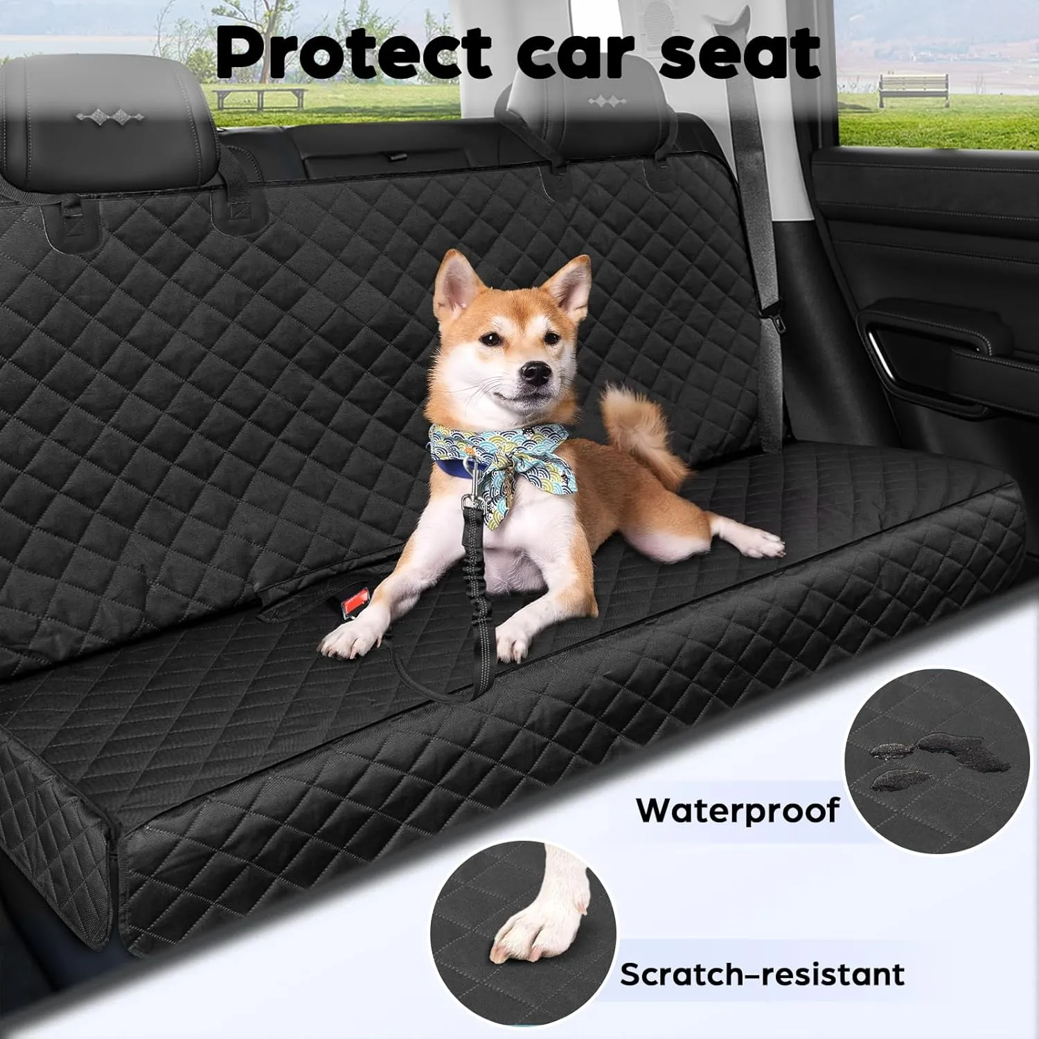 Waterproof Dog Car Seat Cover with Belt for Back Seat - Washable Pet Protector Accessories for Cars, Trucks, SUVs, and Bench Seats - Auto Backseat Hammock for Small & Large Dogs