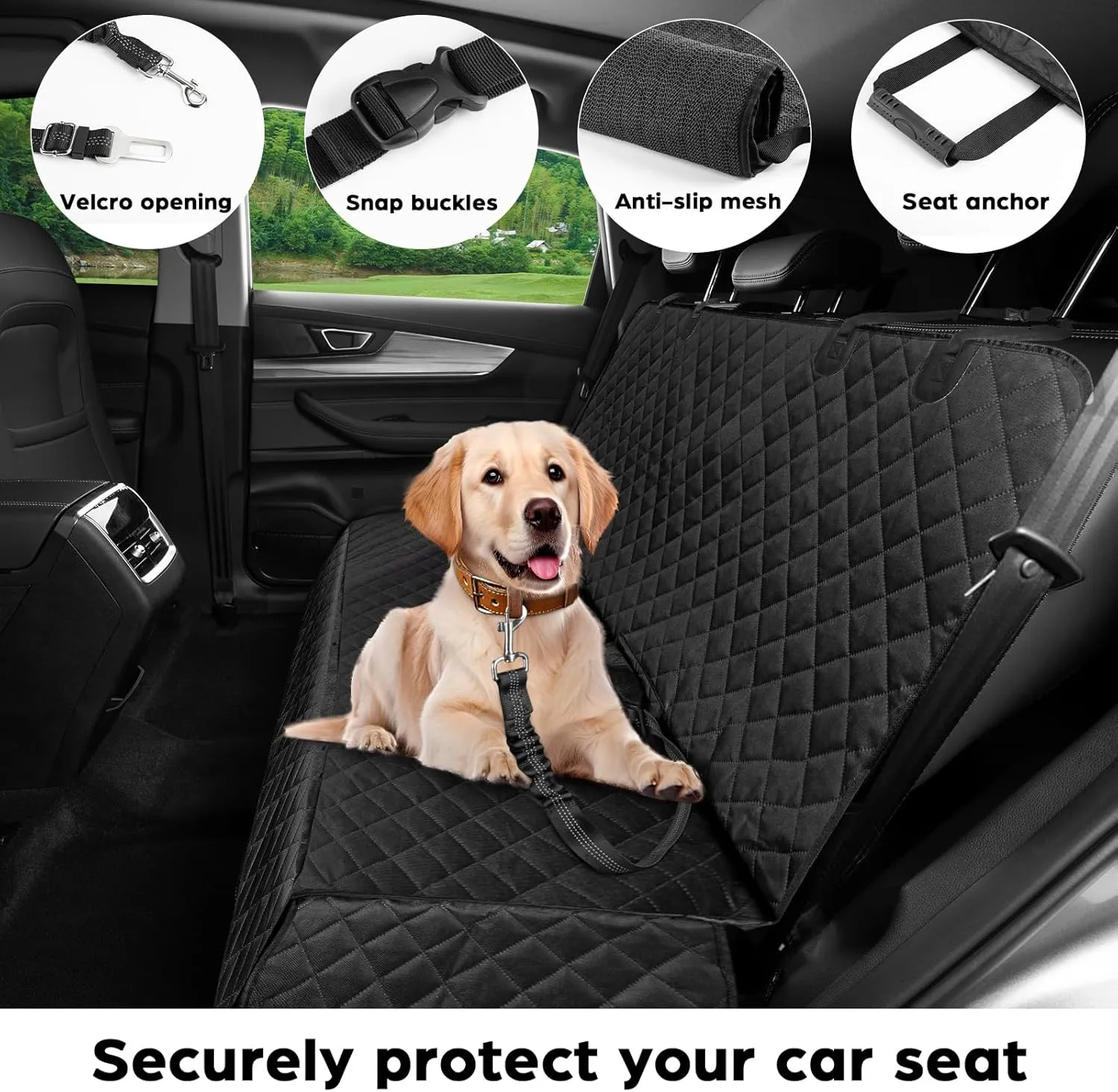 Waterproof Dog Car Seat Cover with Belt for Back Seat - Washable Pet Protector Accessories for Cars, Trucks, SUVs, and Bench Seats - Auto Backseat Hammock for Small & Large Dogs